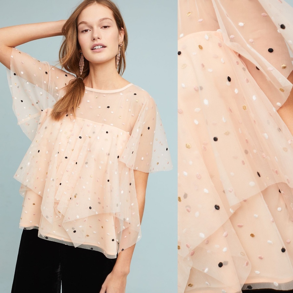 Eva Franco Anthropologie peach apricot mesh layered Polka Dot Top short sleeve